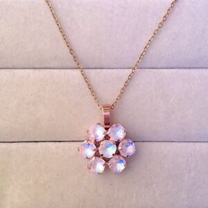 White Opal Aurora Borealis + Rose Gold Crystal Flower Drop Pendant Necklace